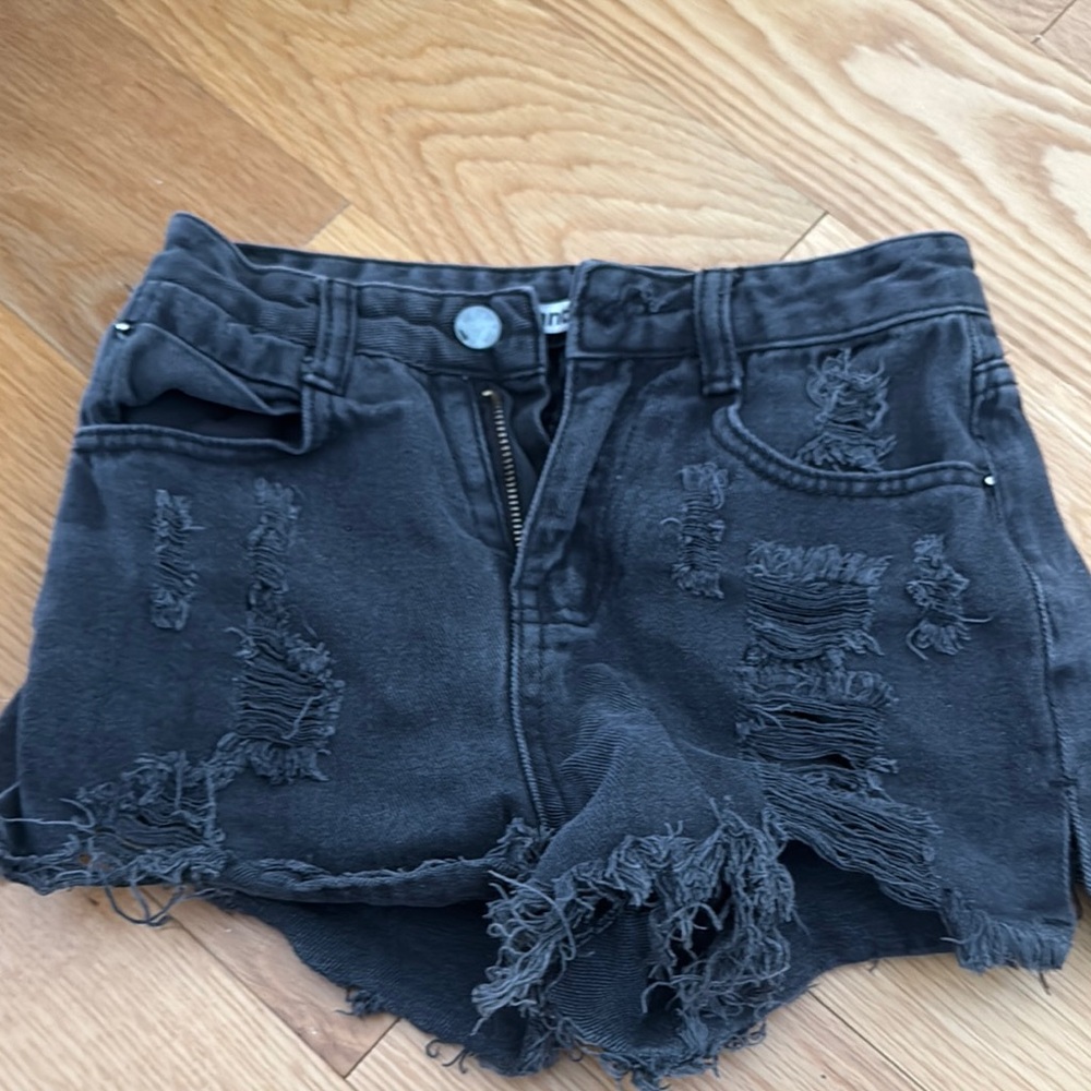 Distressed Black Denim Shorts